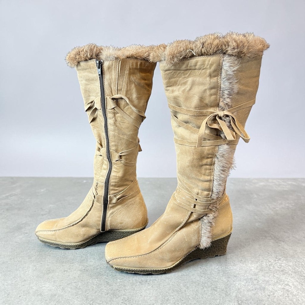 Eric Michael Women's‎ EU 41 Knee High Boots US 9.5-10 Tan/Rabbit Fur Trim EUC